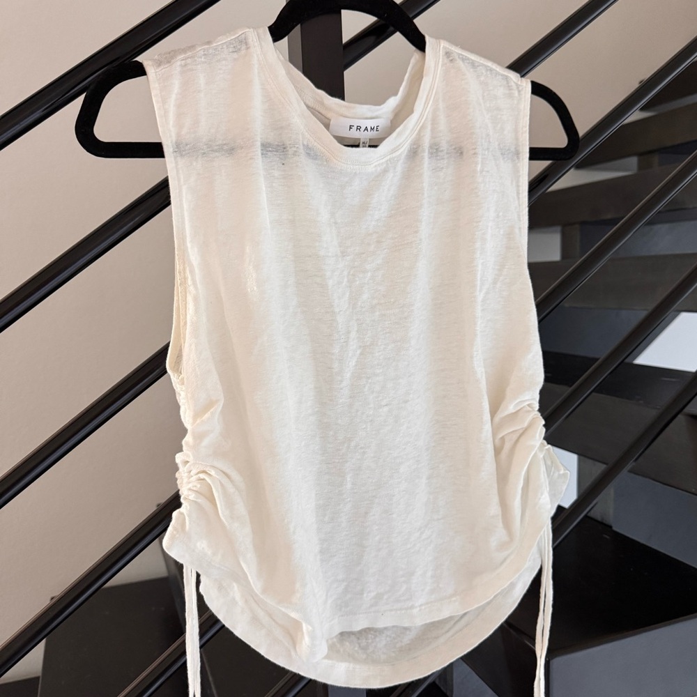 FRAME Denim Organic Linen Side Tie Muscle Tee in White